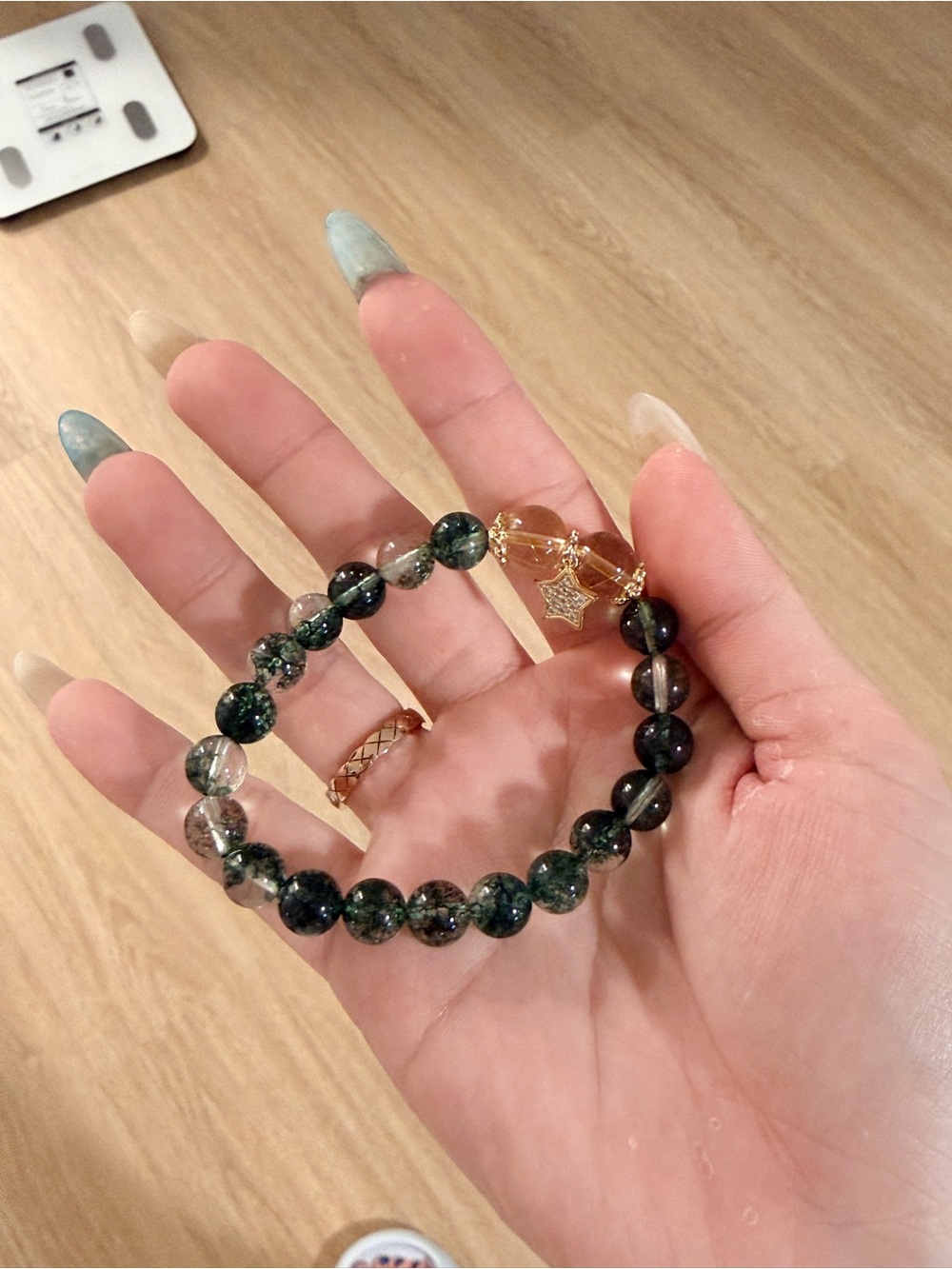 Green Crystal Beaded Stretch Bracelet with Star Charm